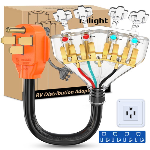 Nilight 50 Amp to 110V RV Adapter Cord 50 Amp to 20A RV Distribution Adapter Cord 4 Prong 14-50P Male to 4X 5-15R/5-20R Female ETL Listed for RV Camper Generator Household Outlet