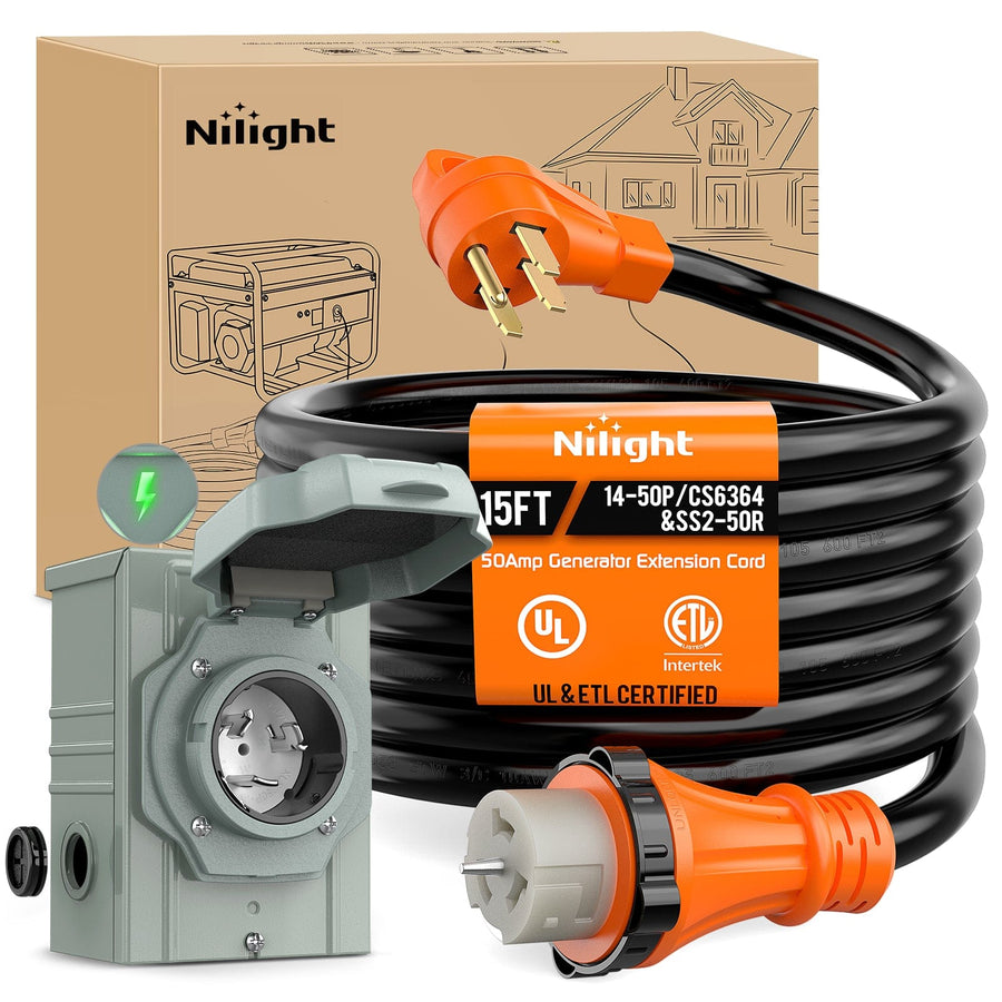 Nilight 50A 15FT Generator Extension Cord and Power Inlet Box 125/250V Heavy Duty 6/3+8/1 Gauge STW ETL Listed NEMA 14-50P/SS2-50R Twist Lock Connector for RV Outdoor Use