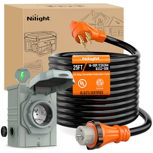 Nilight 50A 25FT Generator Extension Cord and Power Inlet Box 125/250V Heavy Duty 6/3+8/1 Gauge STW ETL Listed NEMA 14-50P/SS2-50R Twist Lock Connector for RV Outdoor Use