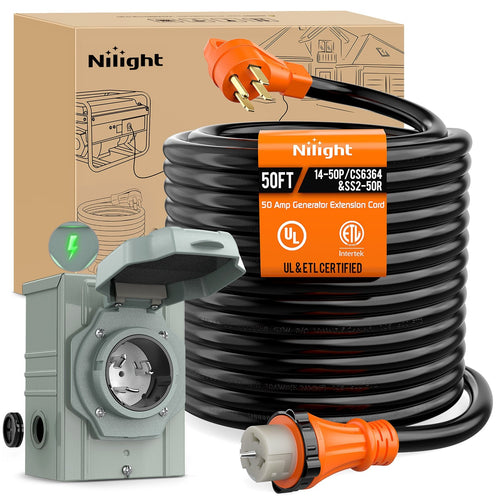 Nilight 50A 50FT Generator Extension Cord and Power Inlet Box 125/250V Heavy Duty 6/3+8/1 Gauge STW ETL Listed NEMA 14-50P/SS2-50R Twist Lock Connector for RV