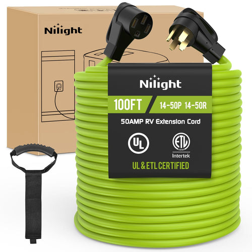 Nilight 50Amp 100FT RV EV Extension Cord Bright Green100FT 50 Amp RV Extension Cord 250V Heavy Duty 6/3+8/1 Gauge Pure Copper STW Wire UL ETL Listed 4 Prong 14-50P 14-50R Weatherproof Suit for EV Trailer Campers Bright Green