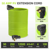 Nilight 50Amp 100FT RV EV Extension Cord Bright Green100FT 50 Amp RV Extension Cord 250V Heavy Duty 6/3+8/1 Gauge Pure Copper STW Wire UL ETL Listed 4 Prong 14-50P 14-50R Weatherproof Suit for EV Trailer Campers Bright Green, view 4
