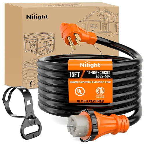 Nilight 50 Amp 15FT Generator Extension Cord 250V 12500Watt Heavy Duty 6/3+8/1 Gauge Pure Copper STW Wire UL Listed 4 Prong 14-50P SS2-50R&CS6364 Twist Lock for RV Camper Outdoor Use