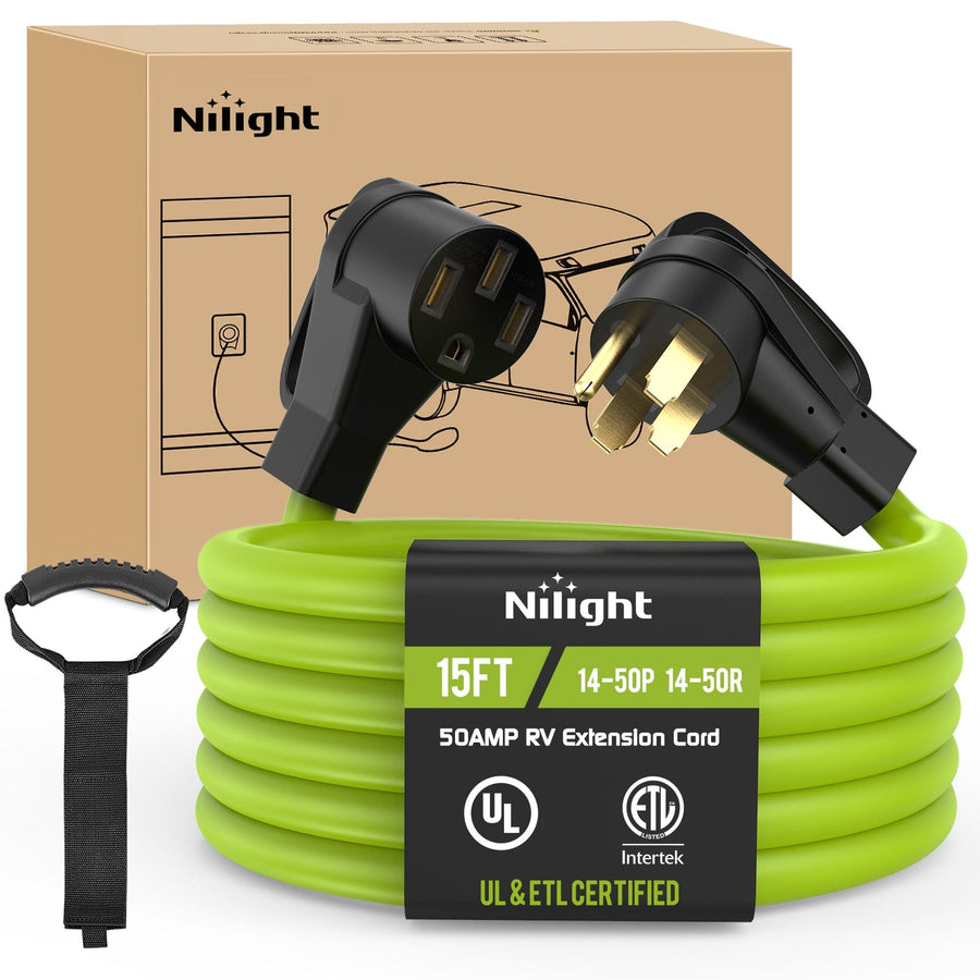 Nilight 15FT 50 Amp RV Extension Cord 250V Heavy Duty 6/3+8/1 Gauge Pure Copper STW Wire UL ETL Listed 4 Prong 14-50P 14-50R Weatherproof Suit for EV Trailer Campers Bright Green