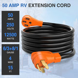 Nilight 50 Amp15FT RV EV Extension Cord 250V Heavy Duty 6/3+8/1 Gauge Pure Copper STW Wire UL ETL Listed 4 Prong Nema 14-50P 14-50R 50F/50M Cable Suit for RVs EVs Trailer Campers, view 2