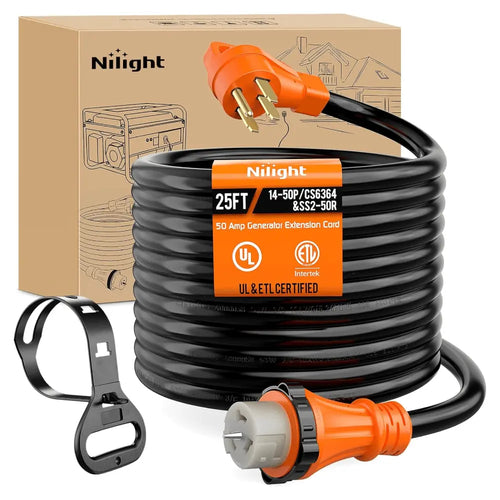 Nilight 50 Amp 25FT Generator Extension Cord 250V 12500Watt Heavy Duty 6/3+8/1 Gauge Pure Copper STW Wire UL Listed 4 Prong 14-50P SS2-50R&CS6364 Twist Lock for RV Camper Outdoor Use