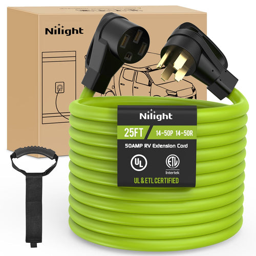 Nilight 25FT 50 Amp RV Extension Cord 250V Heavy Duty 6/3+8/1 Gauge Pure Copper STW Wire UL ETL Listed 4 Prong 14-50P 14-50R Weatherproof Suit for EV Trailer Campers Bright Green