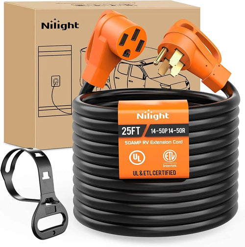 Nilight 50 Amp 25FT RV EV Extension Cord 250V Heavy Duty 6/3+8/1 Gauge Pure Copper STW Wire UL ETL Listed 4 Prong Nema 14-50P 14-50R 50F/50M Cable Suit for RVs EVs Trailers Campers