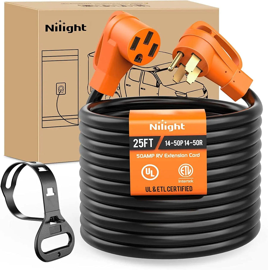 Nilight 50 Amp 25FT RV EV Extension Cord 250V Heavy Duty 6/3+8/1 Gauge Pure Copper STW Wire UL ETL Listed 4 Prong Nema 14-50P 14-50R 50F/50M Cable Suit for RVs EVs Trailers Campers
