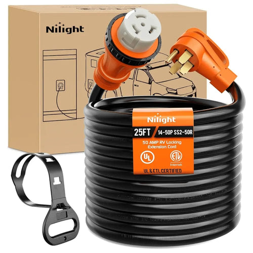 Nilight 50 Amp 25FT RV Locking Extension Cord 250V Heavy Duty 6/3+8/1 Gauge Pure Copper STW Wire ETL Listed 4 Prong 14-50P SS2-50R 50F/50M Cable Suit for Trailer Campers Caravan