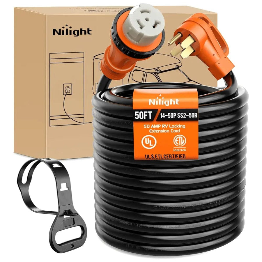 Nilight 50 Amp 50FT RV Locking Extension Cord 250V Heavy Duty 6/3+8/1 Gauge Pure Copper STW Wire ETL Listed 4 Prong 14-50P SS2-50R 50F/50M Cable Suit for RV Trailer Campers Caravan