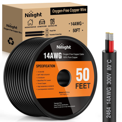 Nilight 50FT 14AWG Oxygen-Free Copper Wire Red Black Electrical Wire Stranded PVC Cord 2 Conductor Parallel 300V DC Flexible Extension Cords