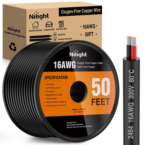 Nilight 50FT 16AWG Oxygen-Free Copper Wire Red Black Electrical Wire Stranded PVC Cord 2 Conductor Parallel 300V DC Flexible Extension Cords