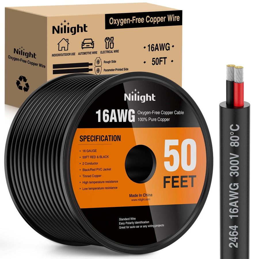 Nilight 50FT 16AWG Oxygen-Free Copper Wire Red Black Electrical Wire Stranded PVC Cord 2 Conductor Parallel 300V DC Flexible Extension Cords