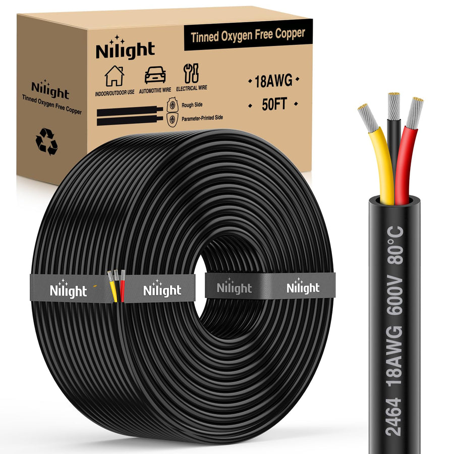 Nilight 50FT 18AWG 3 Conductor Electrical Wire Tinned Oxygen Free Copper Red Black Yellow 3 Wires Parallel 600V DC Flexible PVC Case Extension Cords for LED Strips Lamps Lighting