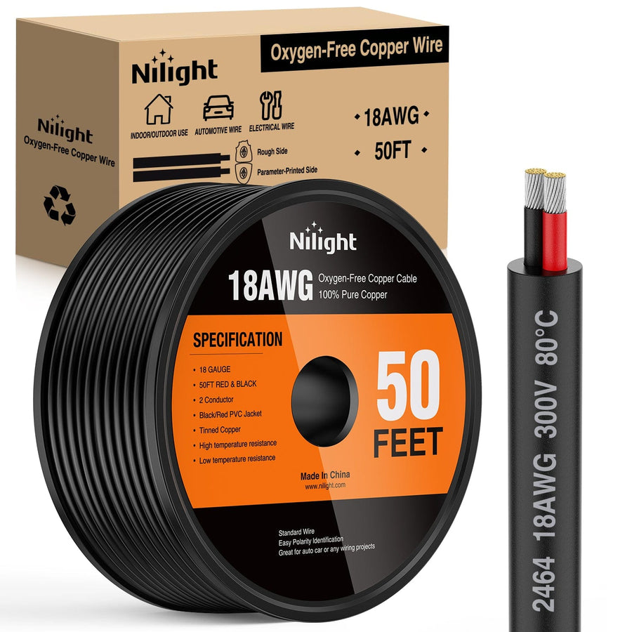 Nilight 50FT 18AWG Oxygen-Free Copper Wire Red Black Electrical Wire Stranded PVC Cord 2 Conductor Parallel 300V DC Flexible Extension Cords