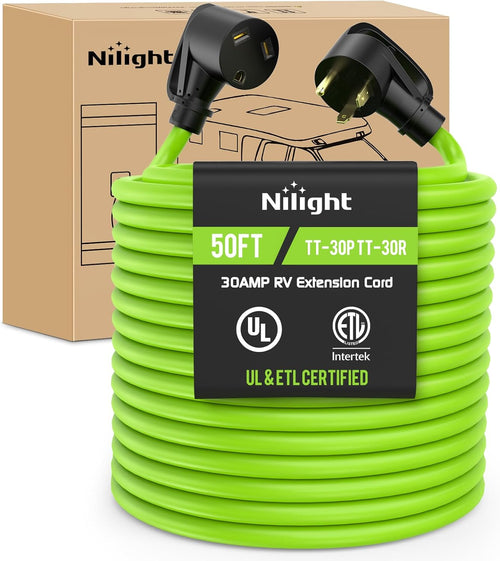 Nilight 50FT 30 Amp RV Extension Cord 125V Heavy Duty 10/3 Gauge Pure Copper STW Wire UL ETL Listed 3 Prong TT-30P TT-30R Weatherproof Suit for Camper Caravan Trailer Bright Green