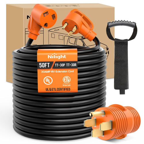 Nilight 50FT 30 Amp RV Extension Cord with Adapter 50Amp to 30Amp 125V Heavy Duty 10/3 Gauge Pure Copper STW Wire UL ETL Listed 3 Prong TT-30P TT-30R Weatherproof Suit for Generators Campers