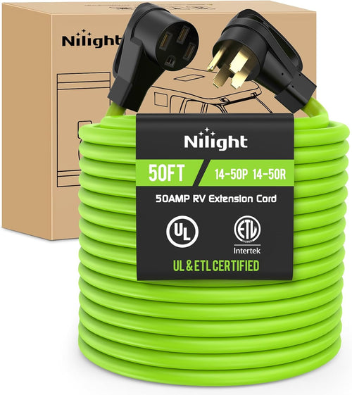 Nilight 50FT 50 Amp RV Extension Cord 250V Heavy Duty 6/3+8/1 Gauge Pure Copper STW Wire UL ETL Listed 4 Prong 14-50P 14-50R Weatherproof Suit for EV Trailer Campers Bright Green