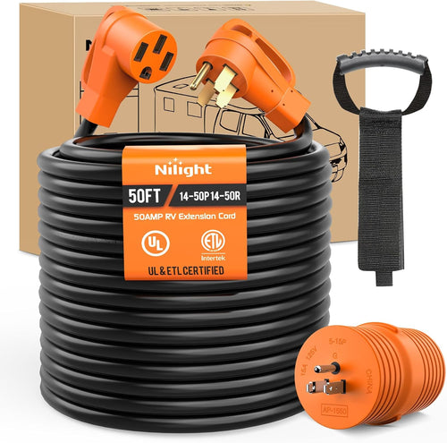 Nilight 50FT 50 Amp RV Extension Cord with Adapter 15Amp to 50Amp 250V Heavy Duty 6/3+8/1 Gauge Pure Copper STW Wire UL ETL Listed 4 Prong 14-50P 14-50R Weatherproof Suit for Generators Camper
