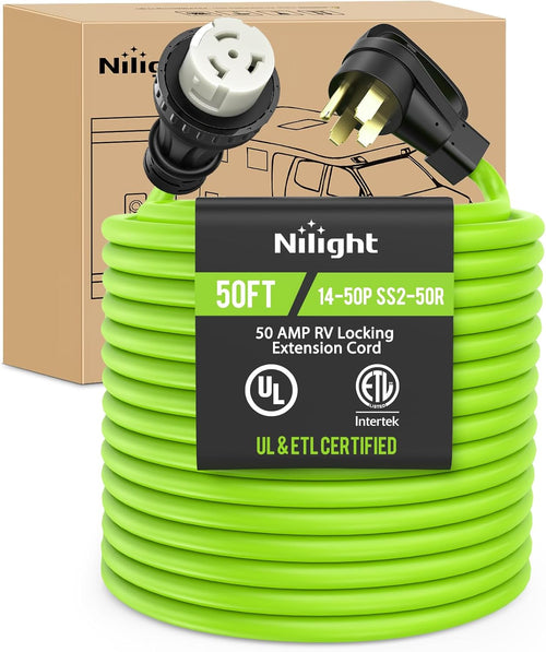 Nilight 50FT 50 Amp RV Locking Extension Cord 250V Heavy Duty 6/3+8/1 Gauge Pure Copper STW Wire UL ETL Listed 4 Prong 14-50P SS2-50R Weatherproof Suit for Camper Caravan Trailer Bright Green