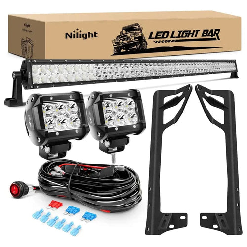 Nilight 52 Inch Double Row Spot Flood LED Light Bar | 4 Inch 18W Spot LED Pods (Pair) | 16AWG Wire 3Pin Switch | Windshield Frame Mount on Wrangler JK 2007-2017