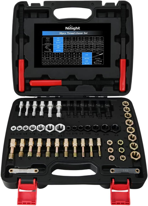 Nilight 56PCS Thread Chaser Set SAE Metric Universal UNC UNF Sizes | Master Thread Repair Kit with Case 23 Taps 28 Dies 3 Files 2 Gauge Automotive Tool for Mechanics Auto Shop Home Garage Repair