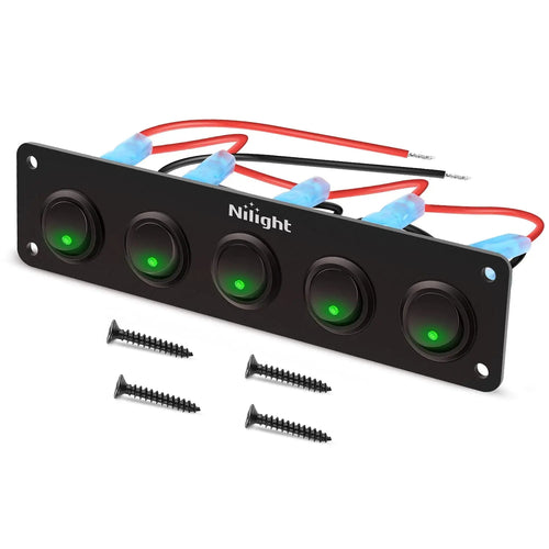 Nilight 5Gang 3Pin Green Rocker Switch Panel