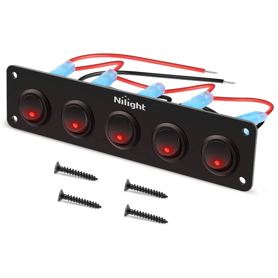 Nilight 5Gang 3Pin Red Rocker Switch Panel