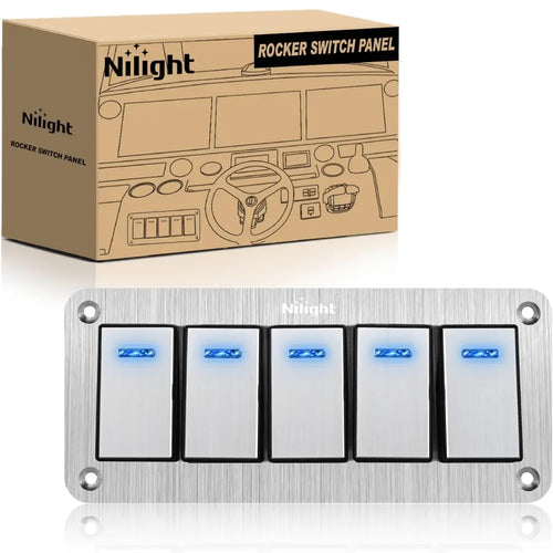 Nilight 5Gang Aluminum 3Pin ON/Off Blue Led Rocker Switch Panel