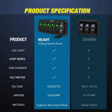 Nilight 5Gang Aluminum 5Pin ON/Off Green Rocker Switch Panel w/ 4.8 Amp Dual USB Charger Voltmeter, view 6