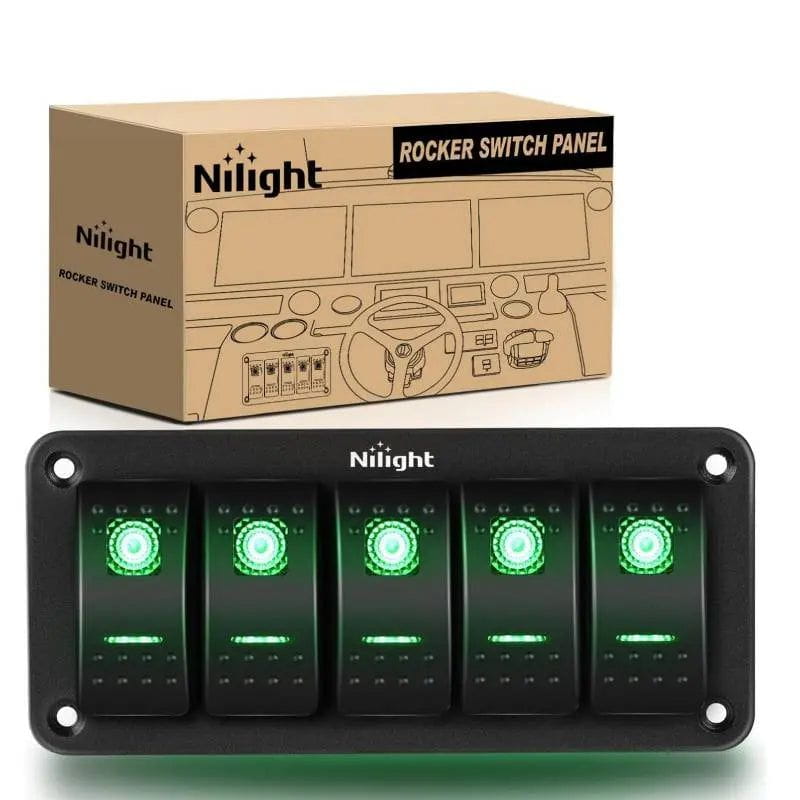Nilight 5Gang Aluminum 5Pin ON/Off Green Rocker Switch Panel