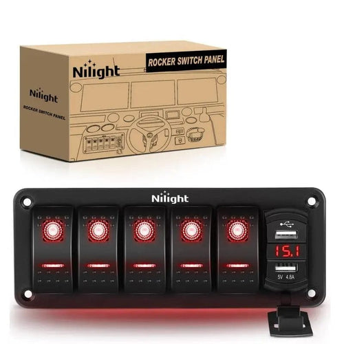 Nilight 5Gang Aluminum 5Pin ON/Off Red Rocker Switch Panel w/ 4.8 Amp Dual USB Charger Voltmeter