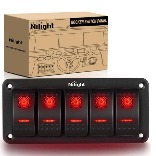 Nilight 5Gang Aluminum 5Pin ON/Off Red Rocker Switch Panel