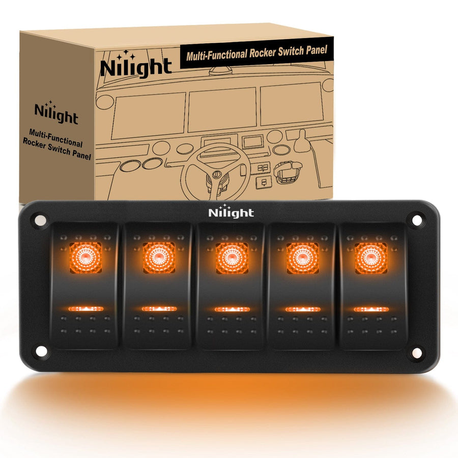Nilight 5Gang Aluminum 5Pin ON/Off Rocker Switch Panel Orange