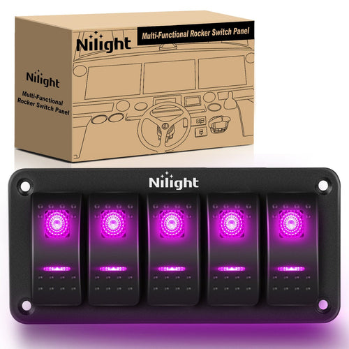 Nilight 5Gang Aluminum 5Pin ON/Off Rocker Switch Panel Purple