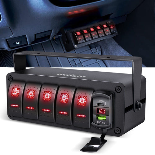 Nilight 5Gang Aluminum ON/Off Rocker Switch Box w/ QC 3.0 Dual USB Charger Voltmeter with Red Backlit