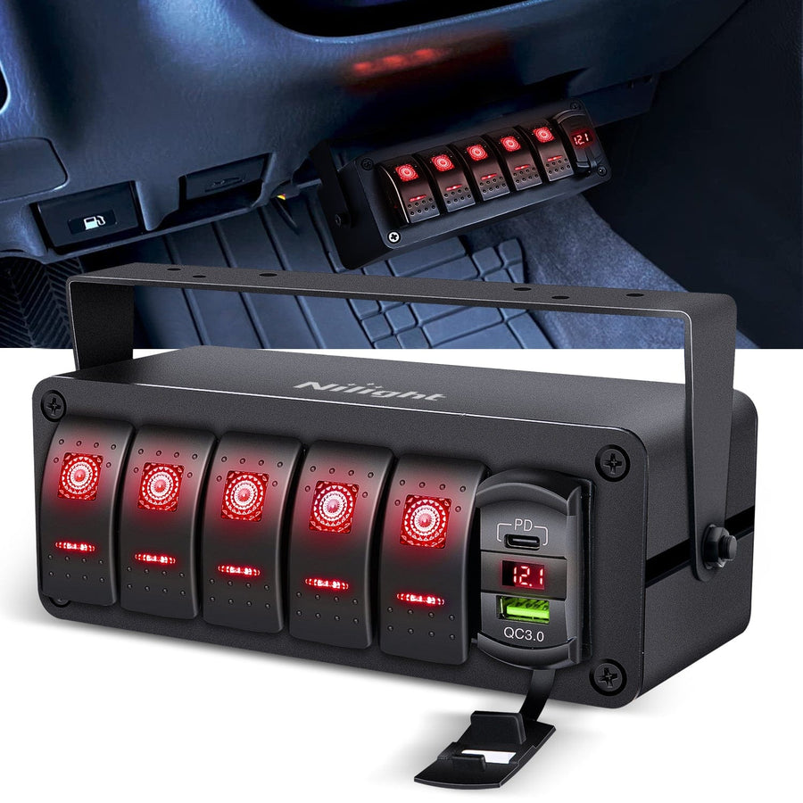 Nilight 5Gang Aluminum ON/Off Rocker Switch Box w/ QC 3.0 Dual USB Charger Voltmeter with Red Backlit