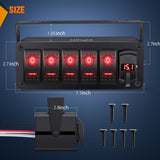 Nilight 5Gang Aluminum ON/Off Rocker Switch Box w/ QC 3.0 Dual USB Charger Voltmeter with Red Backlit, view 2