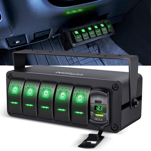 Nilight 5Gang Aluminum ON/Off Rocker Switch Box w/ QC 3.0 Dual USB Charger Voltmeter