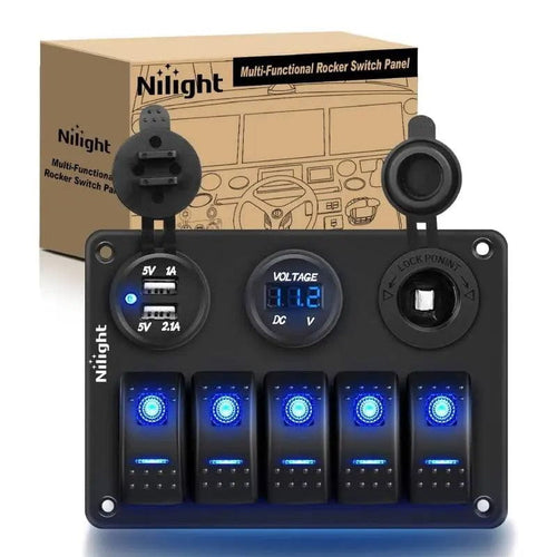 Nilight 5Gang Aluminum Rocker Switch Panel w/ Dual USB Cigarette Lighter Socket Voltmeter