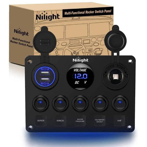 Nilight 5Gang Blue Rocker Switch Panel w/ Dual USB Voltmeter Fuse