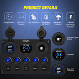 Nilight 5Gang Blue Rocker Switch Panel w/ Dual USB Voltmeter Fuse, view 2