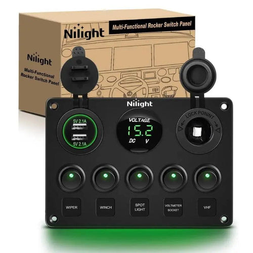 Nilight 5Gang Green Rocker Switch Panel w/ Dual USB Voltmeter Fuse