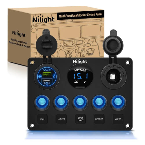 Nilight 5Gang Multi Function Switch Panel PD Type C USB Charger Digital Voltmeter