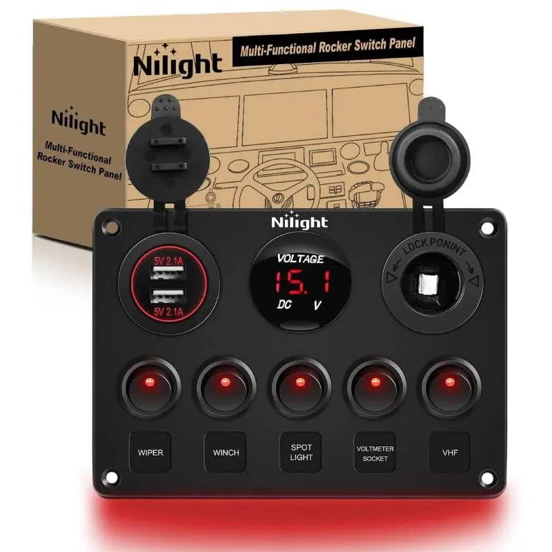 Nilight 5Gang Red Rocker Switch Panel w/ Dual USB Voltmeter Fuse