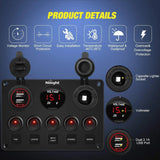 Nilight 5Gang Red Rocker Switch Panel w/ Dual USB Voltmeter Fuse, view 3
