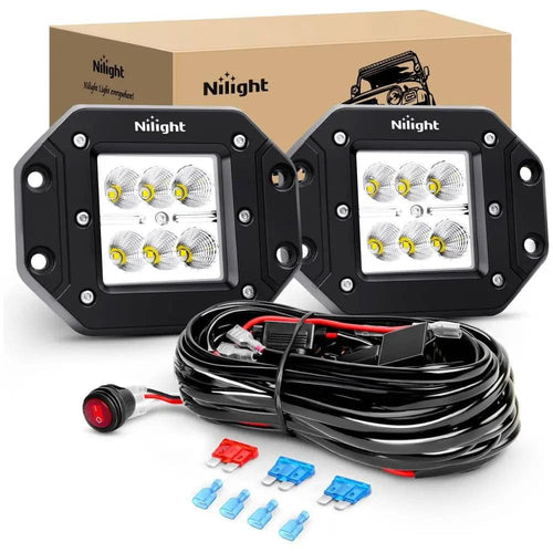 Nilight 4.8 Inch 18W Flush Mount Flood LED Work Light Kit | 10FT Wire 3Pin Switch