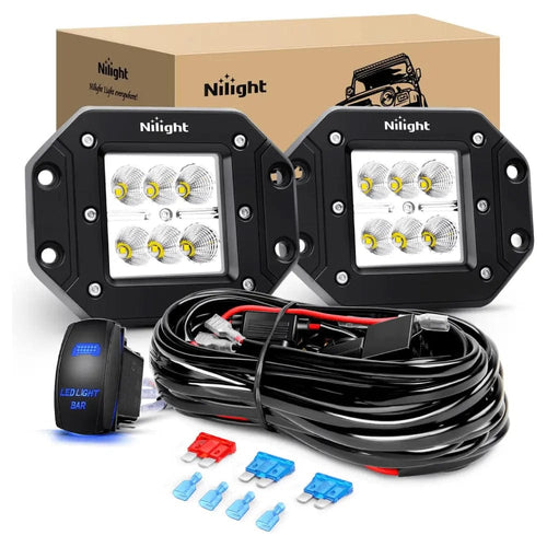Nilight 4.8 Inch 18W Flush Mount Flood Led Work Lights (Pair) | 12V 5Pin Rocker Switch Wire