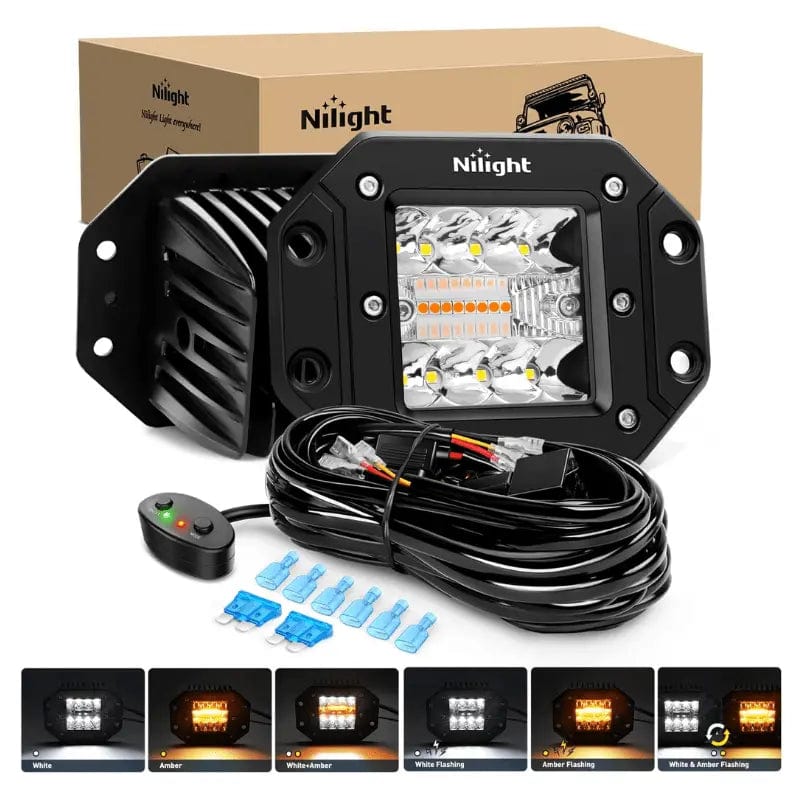 Nilight 4.8 Inch 42W Flush Mount Amber White Spot Flood LED Pods | 16AWG DT Wire